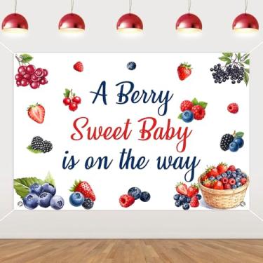 Imagem de Wonmelody Decoração de chá de bebê Berry Sweet 1,5 x 0,9 m A Berry Sweet Baby is On The Way Pano de fundo para chá de bebê de mirtilo e morango, fundo de frutas para meninos ou meninas para revelação