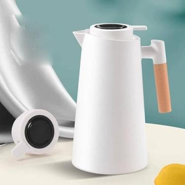 Imagem de Garrafa Térmica de água, 1 Litro Garrafa Térmica Com Termômetro Led Para Chás/Café Design Moderno Cabo Em Madeira(Branco)