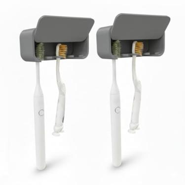 Imagem de Suporte Adesivo de Escova de Dente com Encaixe para Pasta de Dente Parede Banheiro Organizador Anti Derrapante (KIT2SUPORTCINZA)