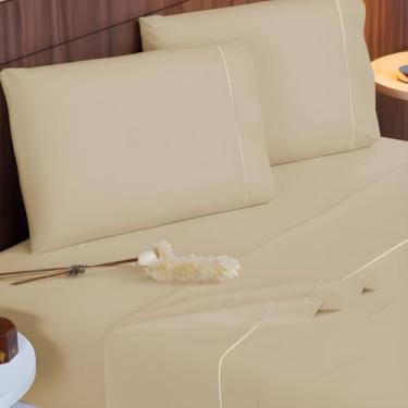 Imagem de Jogo de Lençol Queen 4 Peças 400 Fios Micropercal Toque de Seda Lençol com Elástico Fronhas Ponto Palito(Bege)