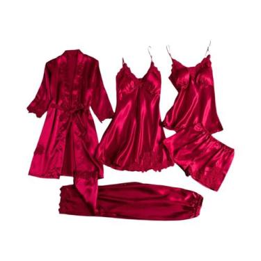 Imagem de Conjunto De Pijamas Femininos De Seda Gelada Com Camisola De Manga Lon