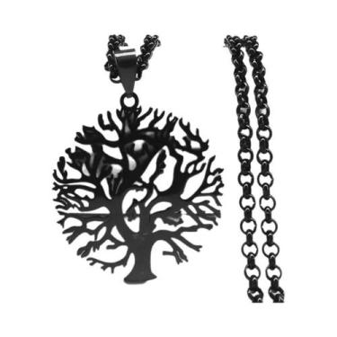 Imagem de Colar Longo Masculino De Aço Inoxidável Preto 2023 Com Pingente Árvore
