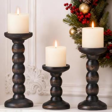 Imagem de HuiDao Castiçal de madeira maciça, 3 peças de castiçais pretos rústicos para velas de pilar, castiçais decorativos de madeira envelhecida para casa de fazenda grande para mesa de lareira