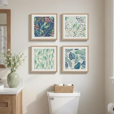 Imagem de Arte de parede botânica emoldurada para sala de estar, 4 peças de arte de parede em tela natural de folha verde para paredes, decoração de parede de plantas modernas para quarto, sala de jantar