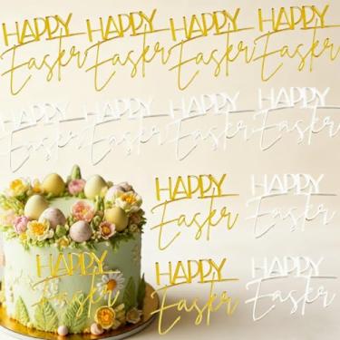 Imagem de 12 peças de topo de bolo de Páscoa feliz espelho dourado decoração lateral de bolo acrílico conjunto de topo de cupcake para festa de primavera sobremesas cupcake suprimentos decorativos