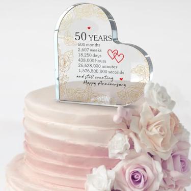 Imagem de Topo de bolo de aniversário de casamento dourado 50 anos, bloco de acrílico de coração de arte de linha rosa transparente, decoração de bolo de 50º aniversário elegante e presente de lembrança para