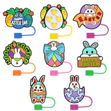 Imagem de Tampas de cobertura de palha de páscoa para 30 copos de 1,134 g copos 8 peças 10 mm design de ovos de coelho fofos topos de palha tampas de canudo protetor acessórios de copo