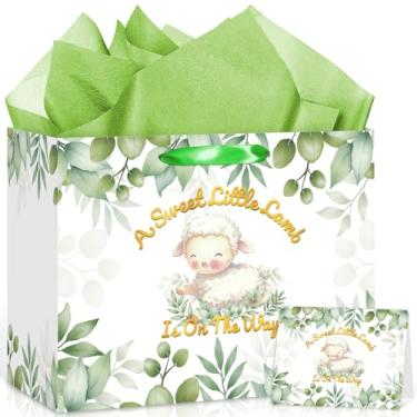 Imagem de Bolsa grande de presente de aniversário para chá de bebê de cordeiro para bebês, meninos, meninas, um cordeiro doce está a caminho, bolsa de presente com cartão de papel de embrulho para crianças