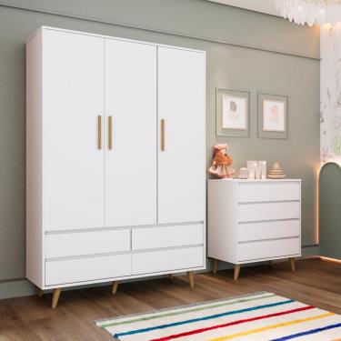 Imagem de Quarto de Bebê Cômoda Gaveteiro Guarda Roupa Lorena 3 Portas Branco Carolina Baby