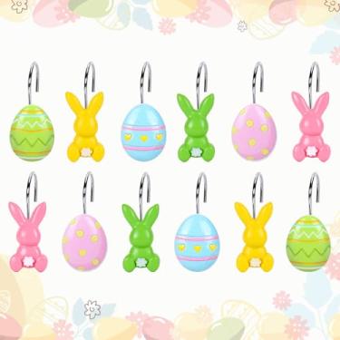 Imagem de Whaline 12 ganchos de cortina de chuveiro de Páscoa, anéis decorativos para varão de chuveiro, ovo, coelho, coelho, resina, ganchos para cortina, para sala de estar, quarto, banheiro, decoração