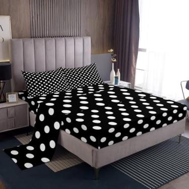 Imagem de Manfei Jogo de lençol com elástico de bolinhas com 2 fronhas, desenho animado estilo francês, preto e branco, círculos geométricos modernos, arte simples, lençol de cima de microfibra luxuosa, tamanho
