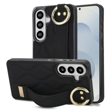 Imagem de Capa para Samsung Galaxy S26 Plus com alça de pulso, elegante capa traseira de couro acolchoado para mulheres, capa fina protetora à prova de choque com suporte e anti-impressão digital (preto)