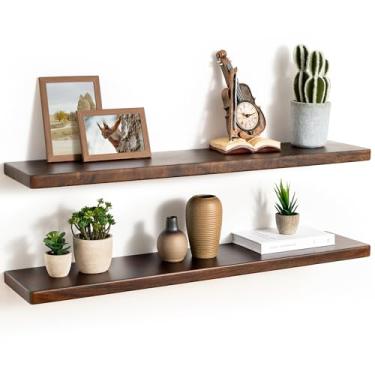 Imagem de Prateleiras flutuantes de madeira de nogueira rústica de 91 cm, prateleiras de parede de 20 cm de profundidade para decoração de casa, prateleira flutuante montada na parede com suporte invisível