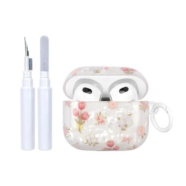 Imagem de Fycyko Capa compatível com AirPods 4, TPU macio com kit de limpeza, design de flores com glitter, à prova de choque, capa de chaveiro para meninas e mulheres - branco