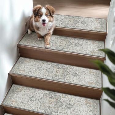 Imagem de Tapete floral retrô cinza claro degraus de escada antiderrapante 20 x 76 cm corredor de escada de borda para degraus de madeira internos, tapetes de escada resistentes tapete livre de resíduos para