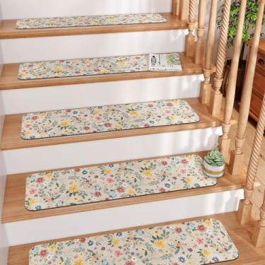 Imagem de Passos de escada antiderrapantes 20.3 cm x 76.2 cm escada corredor, tapete de escada de borracha caqui/floral lavável reutilizável escada degraus para degraus de madeira, escada de segurança interna