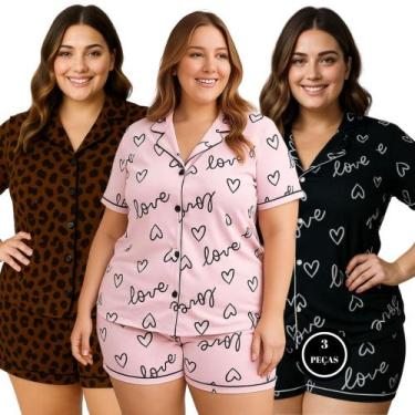 Imagem de Kit 3 Pijama Americano Estampado Plus Size - c4 KIT 3 ANASTÁCIA PRETO 