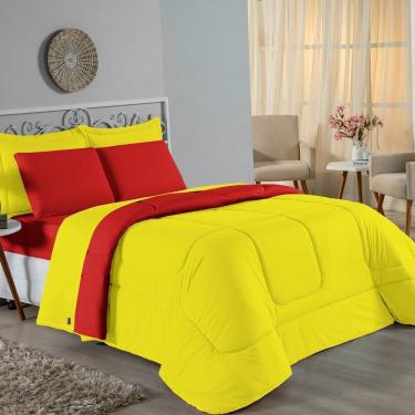 Imagem de Kit Edredom Dupla Face + Jogo De Lençol Casal Nobre 6 Peças Malha 100% Algodão - Amarelo / Vermelho