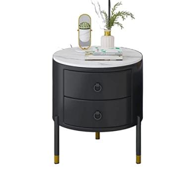 Imagem de Mesa lateral pequena moderna com 2 gavetas, móveis de cabeceira, mesa de cabeceira, mesa de canto com moldura dourada para quarto, sala de estar, mesa de café redonda simples (preto)