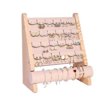 Imagem de KHUTRW3D Suporte organizador de joias simples de madeira maciça, pulseira, pulseira, expositor, suporte de armazenamento de joias de grande capacidade, balcão de shopping e expositor de joias