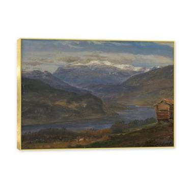 Imagem de Moldura dourada. Reprodução de arte famosa de J.C. Dahl, arte em tela de paisagem romântica nórdica, decoração de parede elegante para sala de estar, escritório, pronta para pendurar. (Paisagem 19