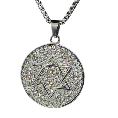 Imagem de JOODFLY Colar com pingente de estrela de Davi, corrente de aço inoxidável com cristal de zircão, 61 cm, medalhão hexagrama de 3 cm, opções de prata e ouro, joias religiosas judaicas, Standard size
