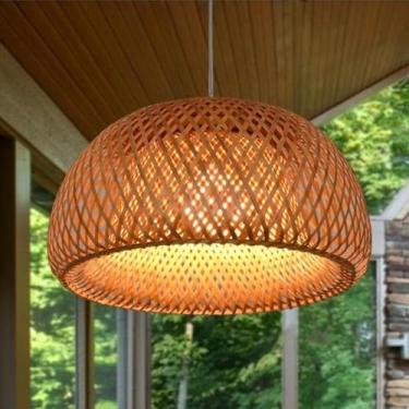 Imagem de Luminária pendente E27 com cúpula de bambu trançado, estilo lanterna, lustre retrô, luminária pendente de bambu natural trançado, altura ajustável, luminária de teto vintage para restaurante