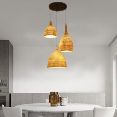 Imagem de Abajur de bambu trançado, conjunto de três peças de luminária pendente de bambu, estilo vietnamita, lustre decorativo para teto, ideal para restaurante, corredor, sala de estar, bar ou cafet