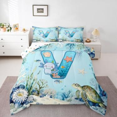 Imagem de Erosebridal Conjunto de edredom tamanho casal com estampa de axolote azul, letra V, desenho fofo, animal do oceano, para crianças, meninos, meninas, monograma, alfabeto, salamandra, conjunto de cama