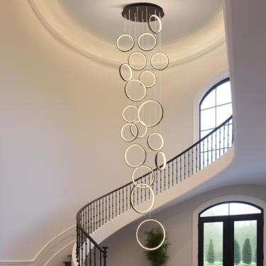 Imagem de Luminária pendente LED moderna para escada, com dimmer, lustre, anéis de LED e altura ajustável, 18 lâmpadas, 195W, ideal para sala de estar, hall de entrada de hotel e decoração de foyer (1