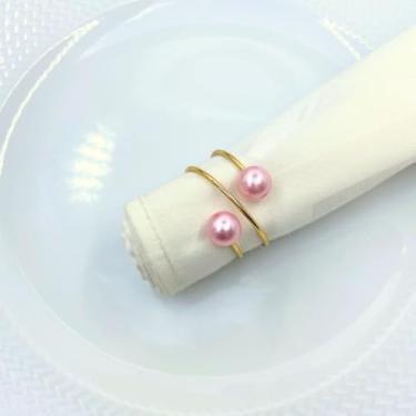 Imagem de Kit com 06 Anel Porta Guardanapo Mesa posta Metalizado com Perola Rosa