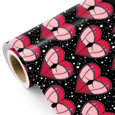 Imagem de WRAPAHOLIC Rolo de papel de embrulho engraçado - Mini rolo - 43 cm × 40 cm - Preto e rosa sexy coração com bumbum papel de embrulho adulto rude para aniversário de adulto, despedida de solteira, dia