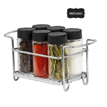 Imagem de Porta Tempero Condimento 6 Potes Vidro Tampa Dosadora Suporte Cromado Organização Cozinha