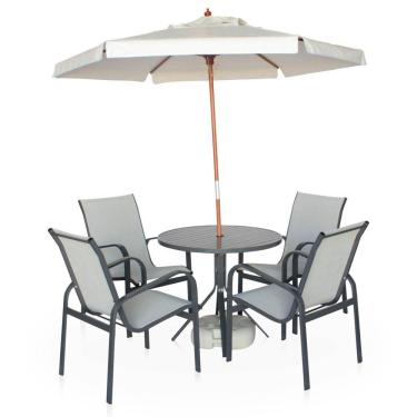 Imagem de Conjunto 1 Mesa + 4 Cadeiras Em Alumínio + 1 Ombrelone Branco De 2 Metro - Graffite E Café Com Leite