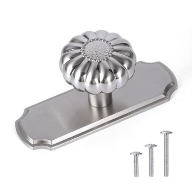 Imagem de CEYMIO Pacote com 4 puxadores de armário de latão de níquel escovado com placa traseira, puxadores de gaveta para cozinha, ferragens de armário de cômoda para quarto, alças de 3,5 cm de diâmetro