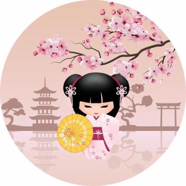 Imagem de Painel de Tecido Sublimado Redondo Boneca Japonesa Kokeshi Flores Rosa