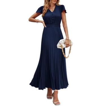 Imagem de Vestido maxi PRETTYGARDEN, verão 2025, decote em V, babado, azul marin