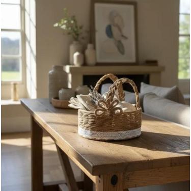 Imagem de Cesta Decorativa Artesanal em Sisal Natural 24cm Alças Trançadas Laço 