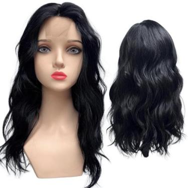 Imagem de Peruca ondulada preta com repartição fixa ao meio mini lace - LIONSWIG