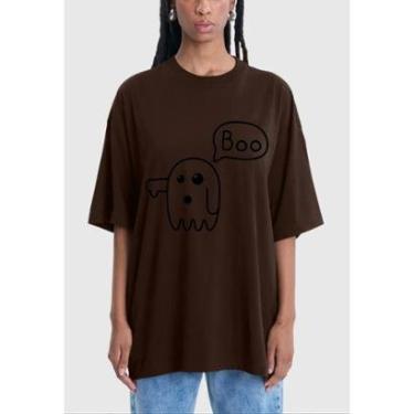 Imagem de Camiseta Oversized Feminina 100 Algodão Gola Redonda Estampa Boo Fantasma Streetwear-Feminino
