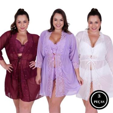 Imagem de Kit 3 Robe Plus Size Roupão Sensual - c5 KIT 3 IZA LILÁS BRANCO BORDO 