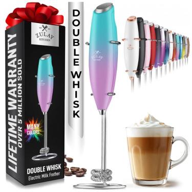 Imagem de Espumador Elétrico de Leite a Bateria com Suporte, e, ZULAY KITCHEN Twin Whisk 12,500 RPM, Azul