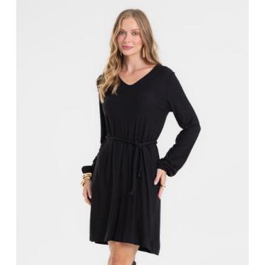 Imagem de Vestido Feminino Manga Longa Com Cinto Rovitex Preto, P, Preto