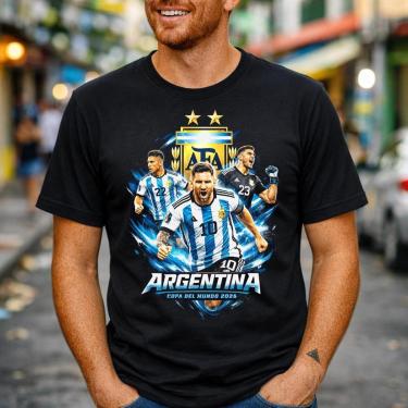 Imagem de Camisa Masculina Preta Argentina Escudo Seleção Estampa Futebol Estilo Urbano Esportivo...