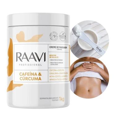 Imagem de Creme de Massagem Corporal Cafeína e Cúrcuma 1kg Redutor de Celulite e Gordura Bege Raavi