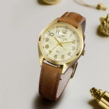 Imagem de Relogio Technos feminino dourado com numeros pulseira de couro marrom 