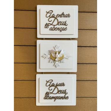 Imagem de Placa Decorativa Tripla Branca Com Resina Espírito Santo E Frases Plaz