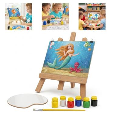 Imagem de Kit de Pintura Infantil Pequena Sereia com Cavalete de Madeira Tintas Guache e Pincel Educativo Yeet