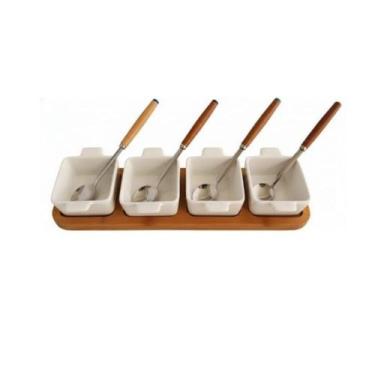 Imagem de Kit Molheira 9 Peças Base Madeira 4 Potes de Porcelana e Colheres - Mu