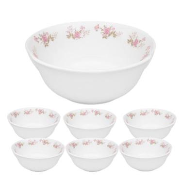 Imagem de Jogo de Sobremesa de Vidro 1 Tigela 1400ml e 6 Bowls 300ml Branco Em C
